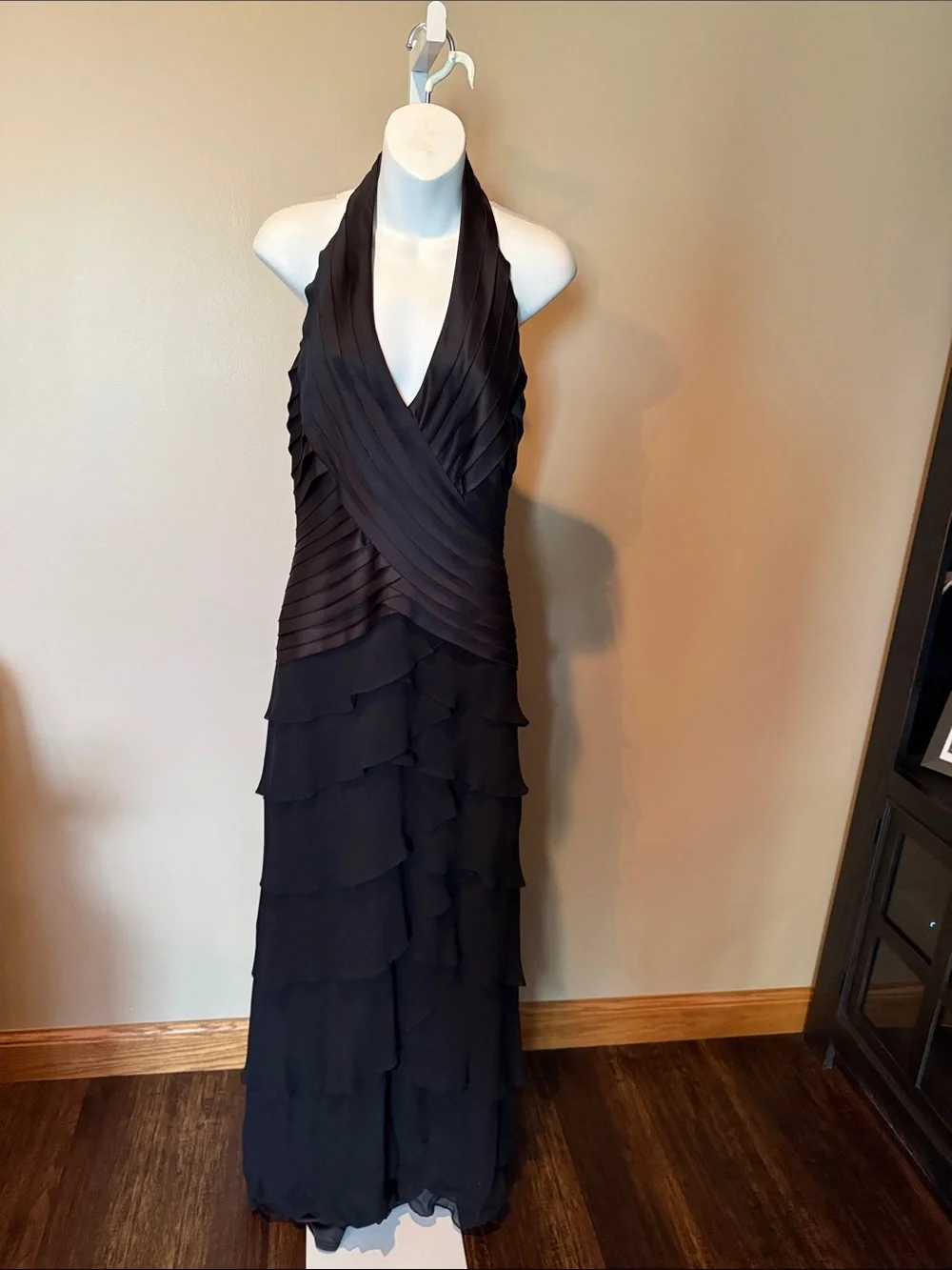 Tadashi Collection Elegant Black Halter Tiered Ruffle with train Evening Gown - Picture 1 of 7